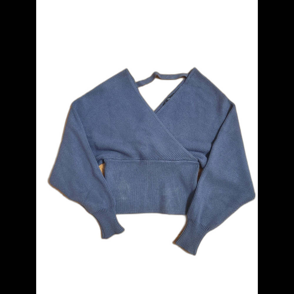 Love Tree Sweater Women S Small Blue Crop Ribbed V Neck Surplice Pullover